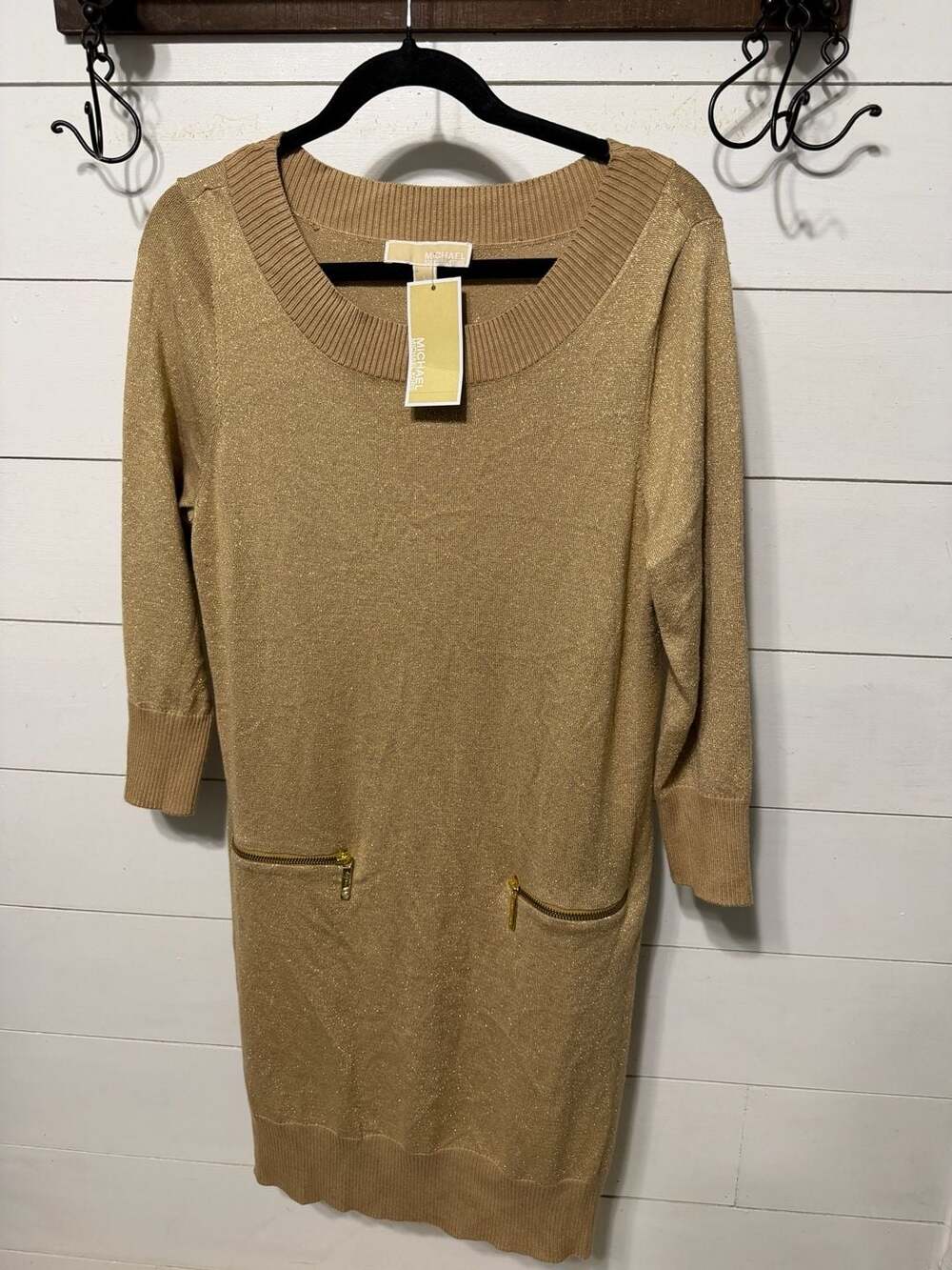 Michael Kors Metallic Toffee Shimmer Sweater Dress with Zipper Pockets